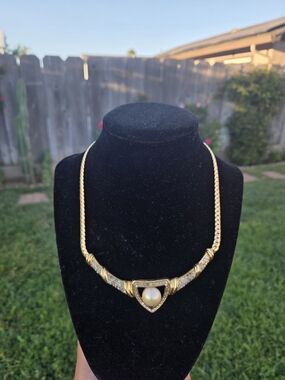 Vintage Christian Dior Gold-Tone Pearl and Crystal Collar Necklace